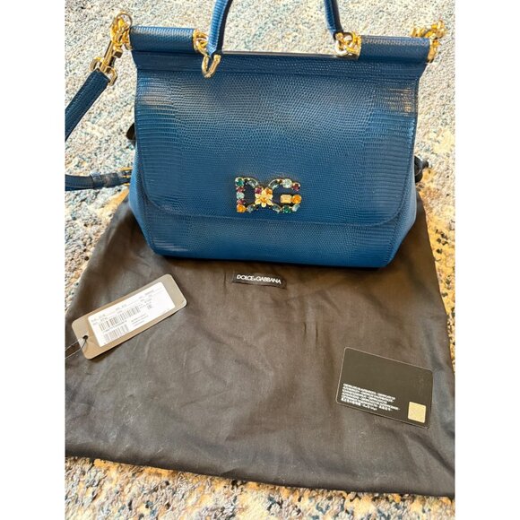 Dolce & Gabbana Blue Iguana Embossed Leather Crystal DG Logo Medium Miss Sicily - Picture 1 of 8